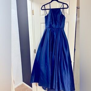 Navy, Betsy & Adam satin prom dress/ ballgown, high-low dress with pockets